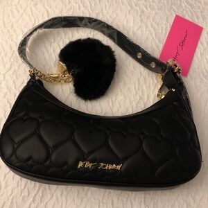 Betsey Johnson XODANE Black Quilted Heart Shoulder Bag + Faux Fur Bag Charm NWT